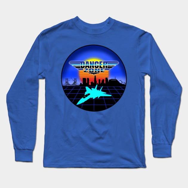 Danger Zone 80s Retro Neon Top Gun Maverick Logo Parody Rooster Sunset Skyline Long Sleeve T-Shirt by ArtIzMuzikForTheEyez